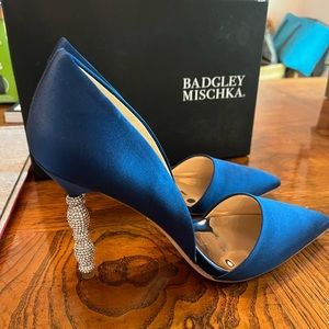Badgley Mischka Emily Navy Blue Satin and Crystal Embellished Pointed Toe Pumps